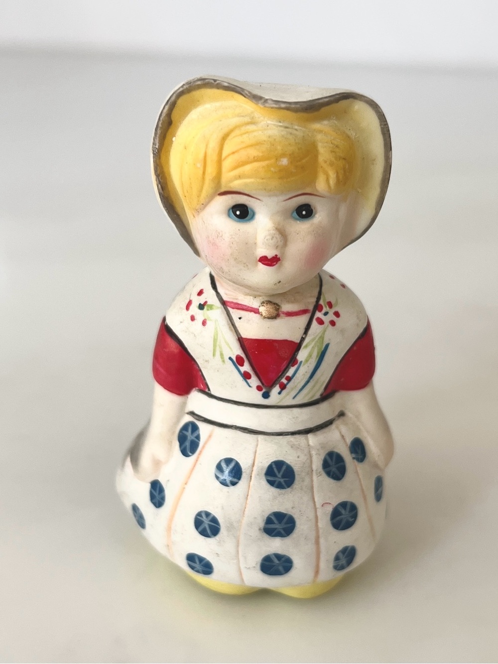 Vintage pencil sharpener Dutch girl handpainted terra cotta ceramic doll 3"H